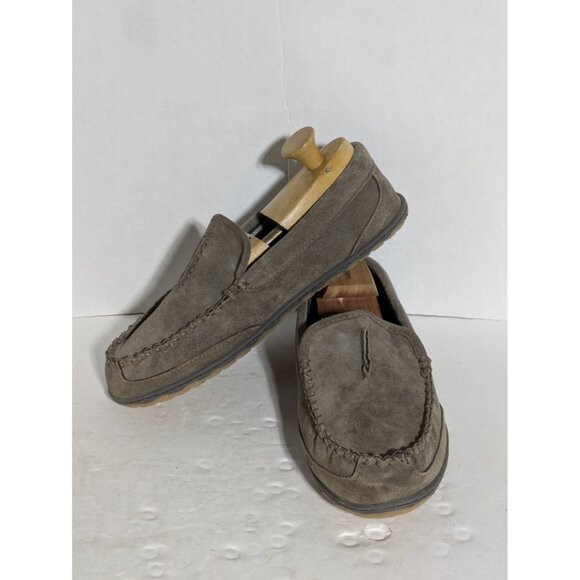 Men Size 14 Clarks Slippers Taupe Suede Slip On Uppers Rubber Soles Plaid Lining - Picture 1 of 12